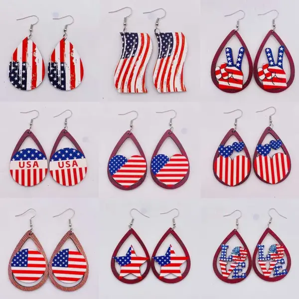 Wholesale Wooden Earrings USA Flag Star Heart Shaped July 4th Holiday Jewelry Gifts Irregular Geometric Waterdrop U Shaped Women's Earrings