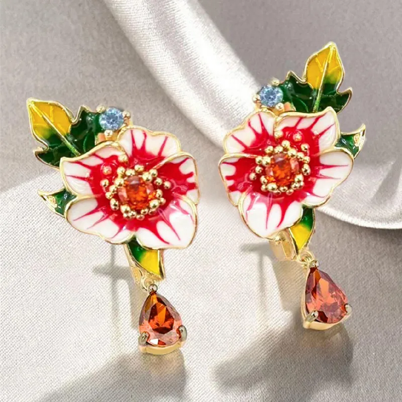 Wholesale Women’s Flowers Drop Earrings With Claw Setting, Copper Base With KC Golden Water Plating, Inlaid Zircon Stones