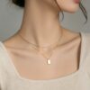 Wholesale Titanium steel double-layered small square pendant necklace with mother-of-pearl pendant; titanium steel colorfast, luxurious clavicle chain.