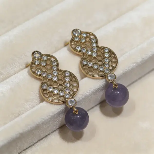 Wholesale Women’s Tassel Stud Earrings With Micro-Pavé Craft, 18K Real Gold Plated Brass Featuring February Birthstone Amethyst And UV Plating