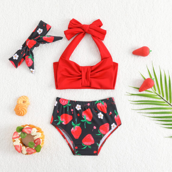 Wholesale Girls Strawberry Print Swimsuit Infant and Toddler Red Suspender Swimsuit Separates Bow Swimming Hairband