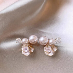 A2665 gold-camellia pearl zircon stud earrings