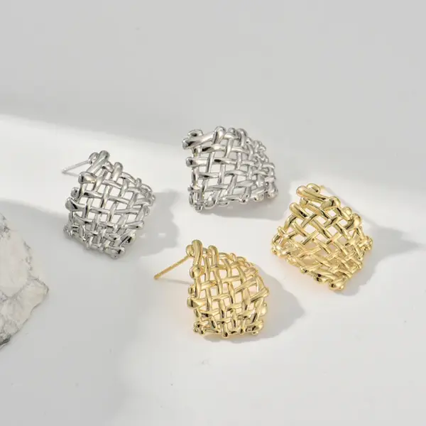 Wholesale Three-dimensional Geometric Stud Earrings For Women, Electroplated Copper With 0.01µm Golden Plated Coating