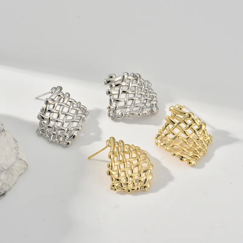 Wholesale Three-dimensional Geometric Stud Earrings For Women, Electroplated Copper With 0.01µm Golden Plated Coating