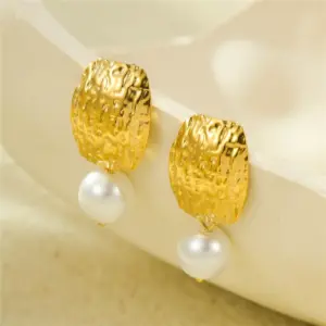 Wholesale 1 Pair IG Style Geometric Plating Inlay 304 Stainless Steel Freshwater Pearl 18K Gold Plated PVD Coated Drop Earrings