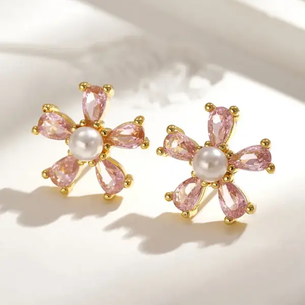 Wholesale Sweet Ins Style Copper Water Plated 18K Real Gold Micro Inlaid Zircon Acrylic Imitation Pearl Flower Stud Earrings