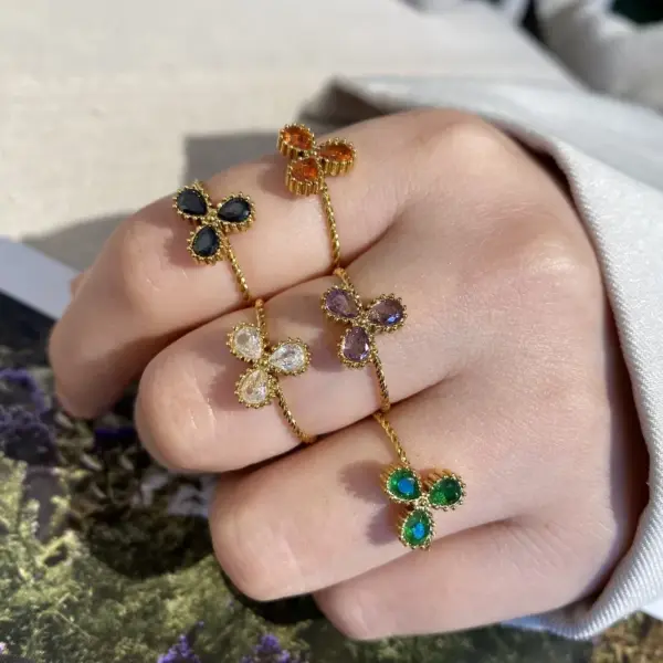 Wholesale Simple Exquisite Fashion Elegant Light Luxury High-End Gorgeous Versatile Open Ring Titanium Steel Vacuum Electroplated 18K Gold Plated Rhinestone Zircon Ring