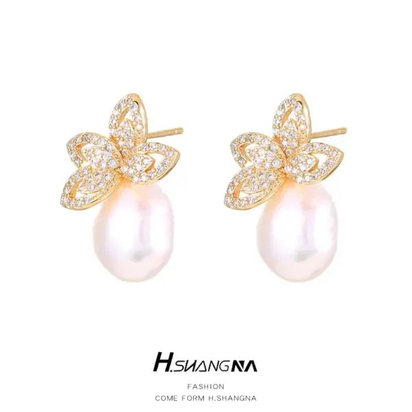 Wholesale Petal Stud Earrings For Women With 925 Sterling Silver Posts, Copper Base, 14K Gold Electroplated, Baroque Pearl Inlay