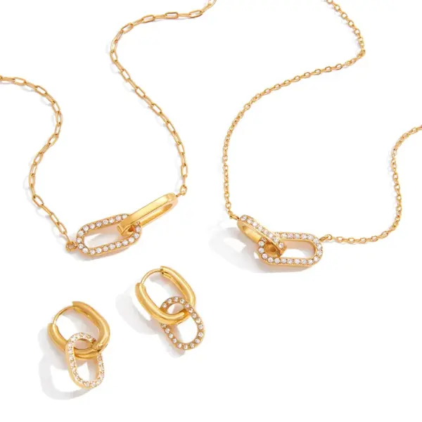 Wholesale Women's Classic Style 18K Gold 304 Stainless Steel + White Rhinestone Double Ring Necklace Earring Set 18K Real Gold Plated Vacuum Electroplating (In Furnace) Zircon Geometric Pattern (Jewelry) Waterproof Non-Fading Asymmetric Handmade Chain Jewelry Set For Women