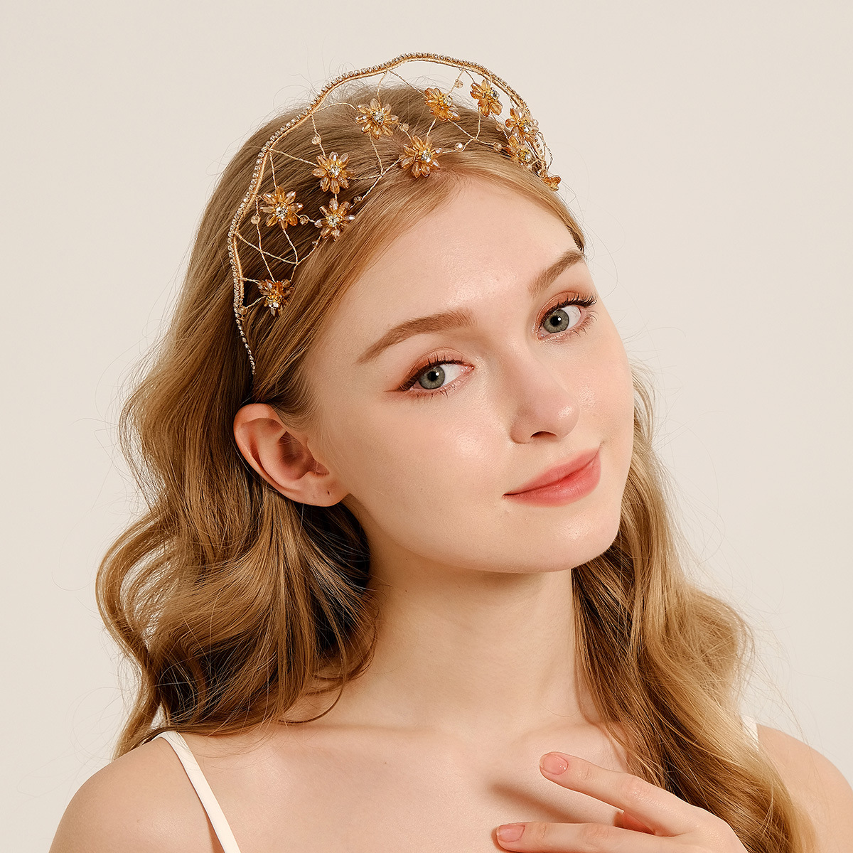 Wholesale European and American Wedding Bridal Headwear Vintage Rhinestone Mesh Headband All-match Pressed Hair Handmade Crystal Flower Headband Women