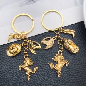 Wholesale Amazon Hot New Ancient Gold Simulation Western Cowboy Hat Boots Flaming Horse Keychain European and American Jewelry Keychain
