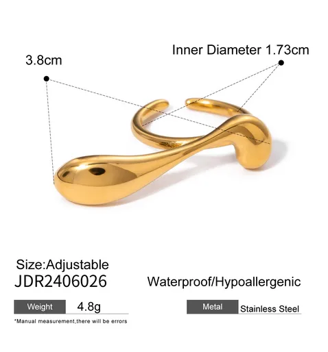 Wholesale Real Gold Plated 304 Stainless Steel PVD Coated Water Droplets Waterproof Non Tarnish Plating Vacation Simple Style IG Style Open Rings For Women's