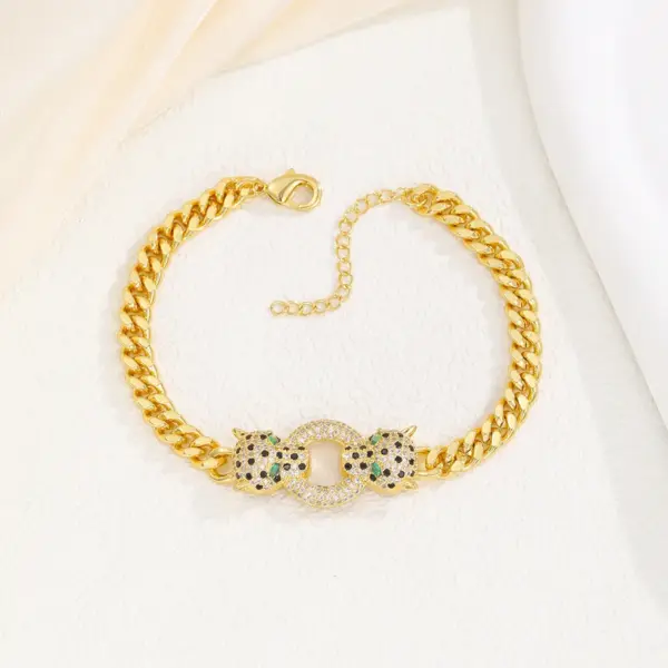 Wholesale Unisex Micro-Paved Zircon Copper Bracelet Double Leopard Head Cuban Chain Punk Style True Gold Plated Hip Hop Jewelry