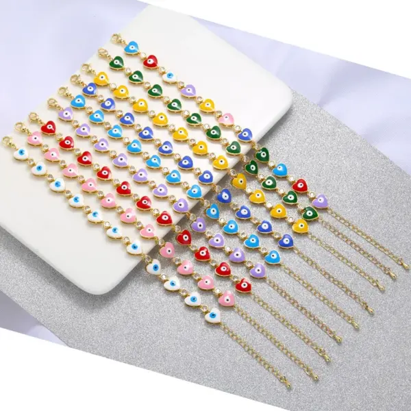 Wholesale Fashion Devil's Eye Heart Shape Copper Bracelets Enamel Inlay Artificial Gemstones Copper Bracelets