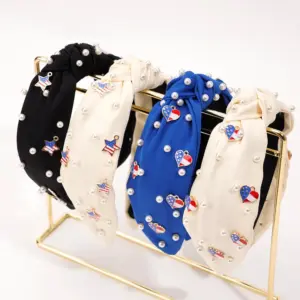 Wholesale Pearl Headband With Flag Knot Beaded Hair Accessory Simple Wide Edge Fabric Art Independence Day Theme