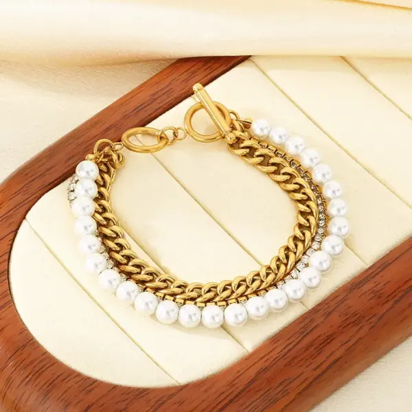 Wholesale 18K Gold Plated Fashion 304 Stainless Steel Layered Zircon Chain Shell Bead Bracelet For Women Unisex Style OT Clasp Jewelry