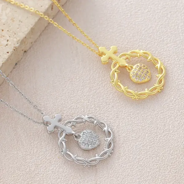 Wholesale For Women Cross Pendant Necklace In Copper With 18K Real Gold Plated Coating 0.05µm-0.08µm Featuring Zircon On Cable Chain