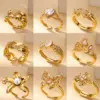 Wholesale 18K Real Gold Plated Copper PVD Coated Zircon Geometric Flower Butterfly Waterproof Non Tarnish Open Rings