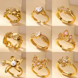 Wholesale 18K Real Gold Plated Copper PVD Coated Zircon Geometric Flower Butterfly Waterproof Non Tarnish Open Rings
