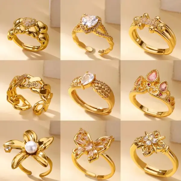 Wholesale 18K Real Gold Plated Copper PVD Coated Zircon Geometric Flower Butterfly Waterproof Non Tarnish Open Rings