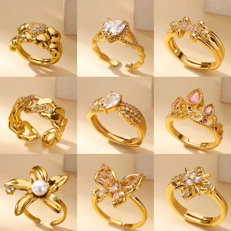 Wholesale 18K Real Gold Plated Copper PVD Coated Zircon Geometric Flower Butterfly Waterproof Non Tarnish Open Rings