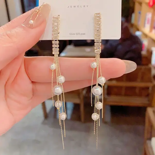 Wholesale Long Pearl Earrings Women's Silver Needle Zirconia Drop Earrings Face Slimming New Style Versatile Elegant Ear Jewelry