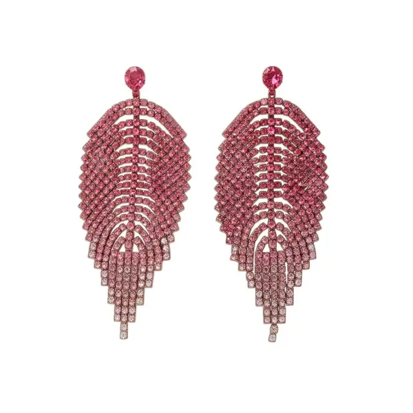 Wholesale Luxurious Leaves Tassel Stud Earrings For Women In Natural Pink Copper With Rhinestone Inlay