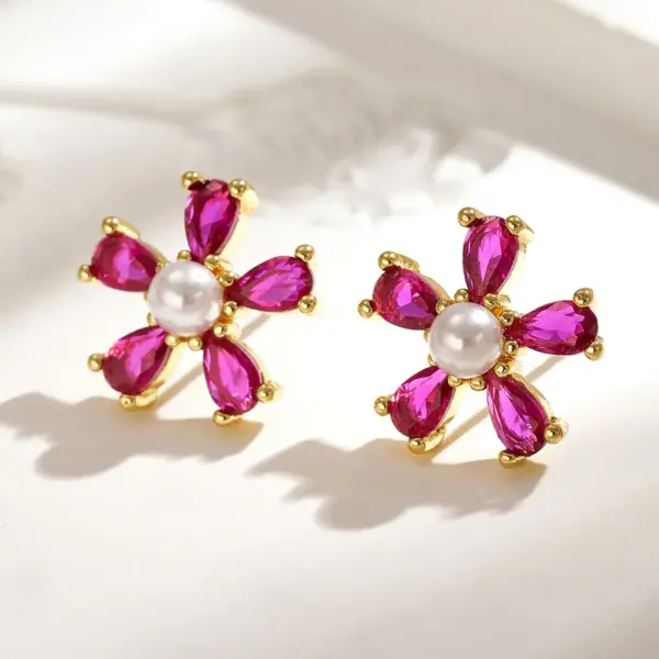 Wholesale Sweet Ins Style Copper Water Plated 18K Real Gold Micro Inlaid Zircon Acrylic Imitation Pearl Flower Stud Earrings