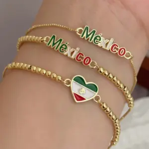 Wholesale Women’s National Flag Beaded Bracelet With Electroplated Copper And 18K Real Gold Plated Ball Chain