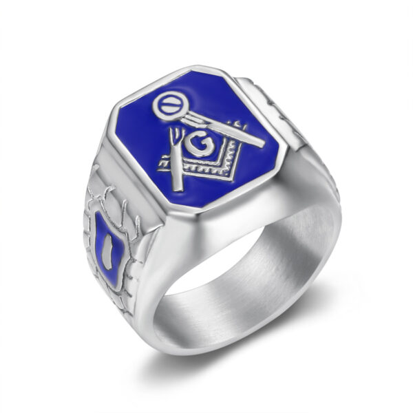 Wholesale Hip Hop HIPHOP Jewelry Titanium Steel Gold Plated Blue Glue Masonic AG Men's Ring