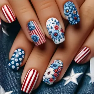 Wholesale Blue Press-on Nail Stickers Medium Length European Square Independence Day Floral Nail Art Decoration Polyester Fiber