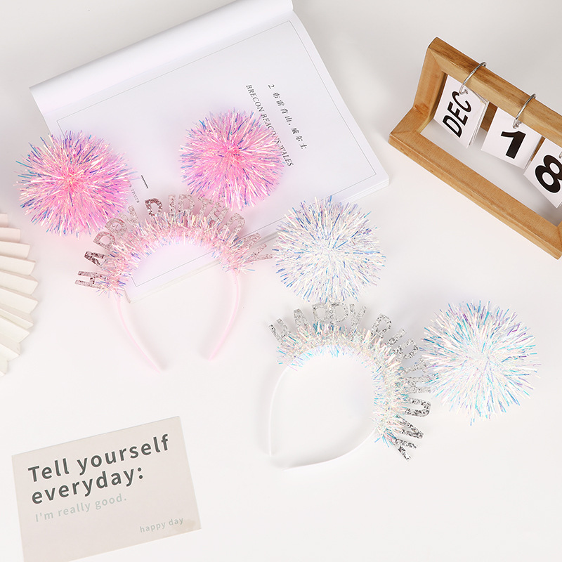 Wholesale Colorful Bright Rain Silk Fur Ball Spring Headband Kidsren's Happy Birthday Party Dress up Headband Creative Laser Hair Accessories