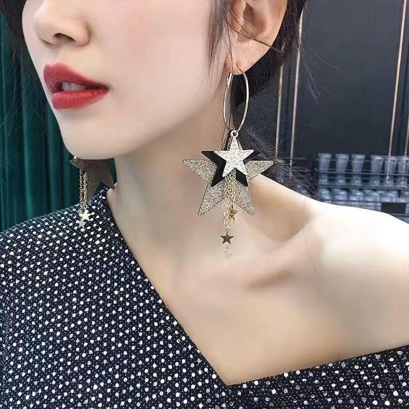 Wholesale Exaggerated Five-Pointed Star Earrings, Earrings, 2025 New Trendy Earrings That Make Your Face Slimmer, European and American Style Long Ear