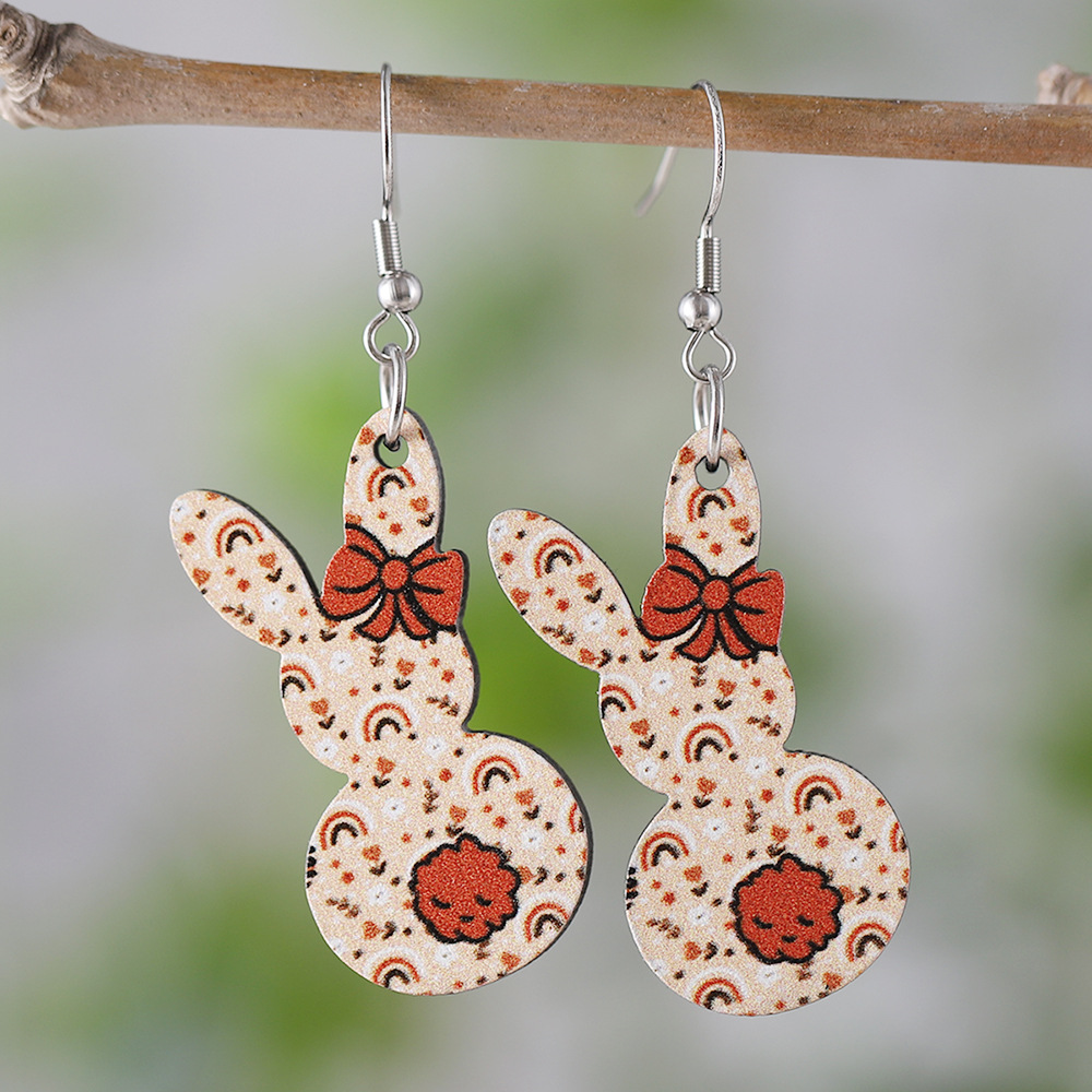 Wholesale Cross-border New Easter Cute Flower Bow Rainbow Rabbit Pendant Earrings Wooden Double-sided Earrings Gift