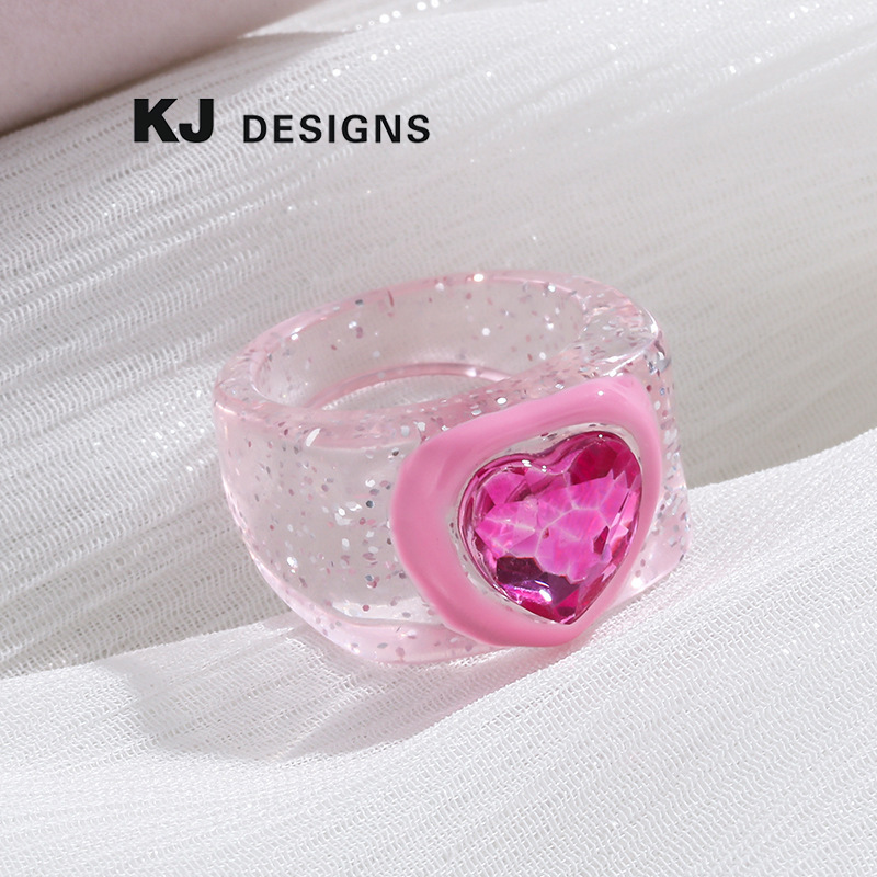 Wholesale Kenjie autumn and winter new Valentine's Day resin love Peach Bottom oil point diamond ring female European and American cross-border fashio