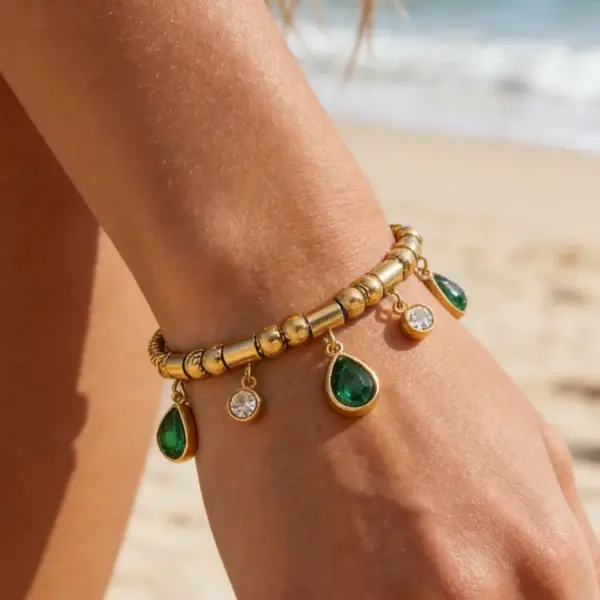 Wholesale Water Droplets Couple Bracelets With Waterproof Non Tarnish 18K Real Gold Plated 304 Stainless Steel Snake Chain Featuring Zircon Inlay