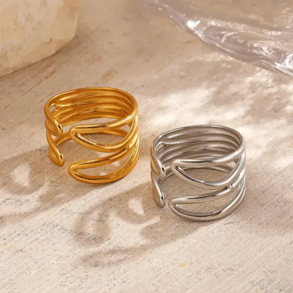 Wholesale Ion Plating (IP) 18K Gold Plated Lines 304 Stainless Steel Casual Hip-Hop Rock Waterproof Non Tarnish Open Rings - Nihaojewelry