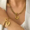 Wholesale Fashion Hip Hop 2 Piece Set - Stainless Steel Cuban Chain Necklace And Bracelet With Love Pendant OT Buckle Unisex Jewelry Gift