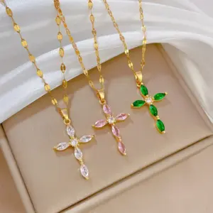 Wholesale Real Gold Plated 304 Stainless Steel PVD Coated Zircon Cross Waterproof Non Tarnish Simple Style Coffee Bean Chain Pendant Necklace For Unisex