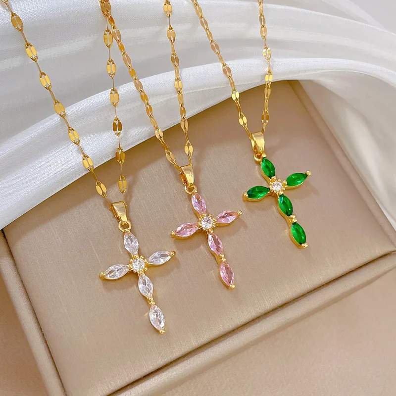 Wholesale Real Gold Plated 304 Stainless Steel PVD Coated Zircon Cross Waterproof Non Tarnish Simple Style Coffee Bean Chain Pendant Necklace For Unis