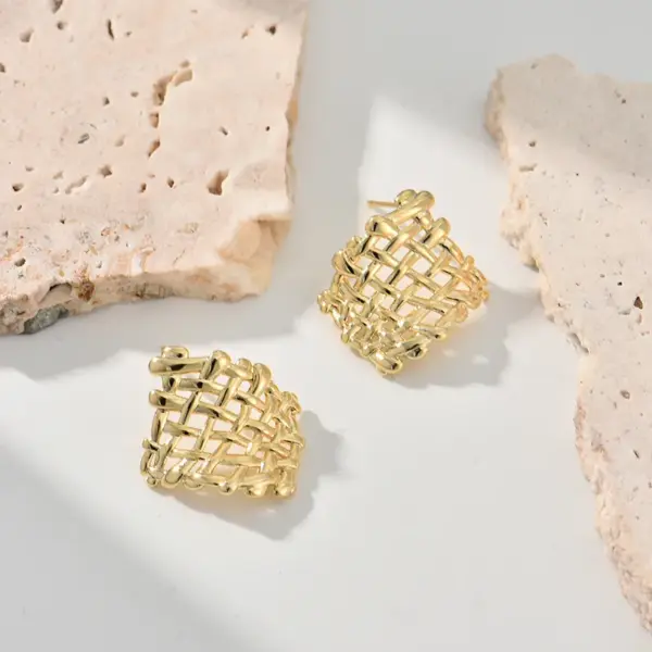 Wholesale Three-dimensional Geometric Stud Earrings For Women, Electroplated Copper With 0.01µm Golden Plated Coating