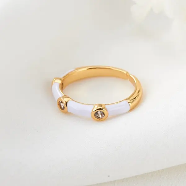 Wholesale Women’s Open Copper Ring With 14K Real Gold Plating And Zircon Inlay Featuring Enamel Color Detail