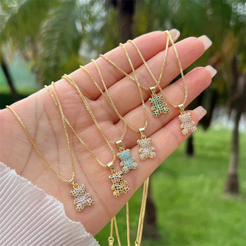 Wholesale Jewelry Simple Style Classic Style Little Bear Copper Zircon 18K Gold Plated Inlay Pendant Necklace