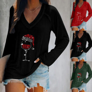 Wholesale 2023 Valentine's Day Long Sleeve Women's Long Sleeve Valentine's Day Women's Cup Printing Cross-border Wholesale European and American Long Sleeve V-neck T-shirt
