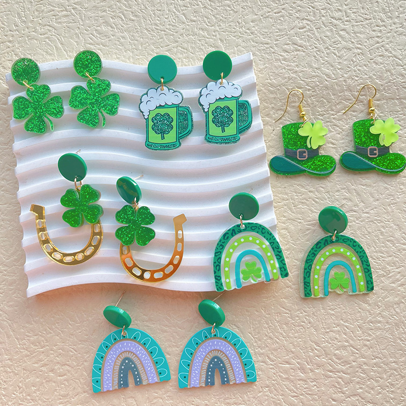 Wholesale St Patrick's Day earrings Irish Carnival personalized all-match Green acrylic glitter lucky grass earrings