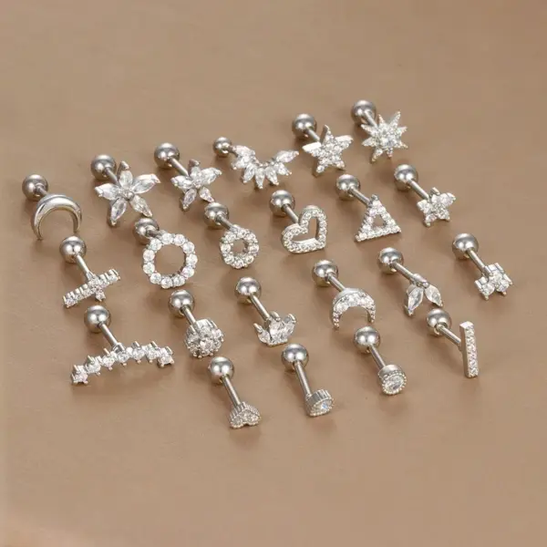 Wholesale 304 Stainless Steel Zircon Moon Heart Shape Flower Ear Studs