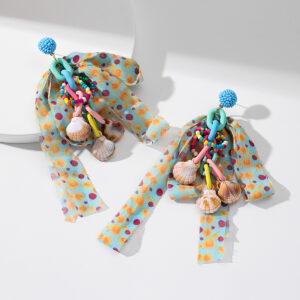 Wholesale Dopamine Colorful Polka Dot Chiffon Bow Earrings for Women Design Rice Beads Long Ring Shell Tassel Earrings