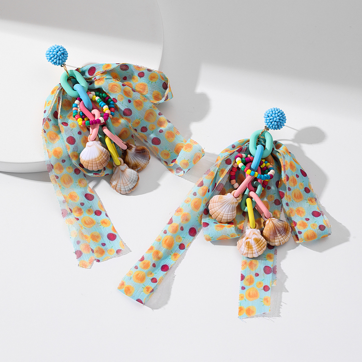 Wholesale Dopamine Colorful Polka Dot Chiffon Bow Earrings for Women Design Rice Beads Long Ring Shell Tassel Earrings