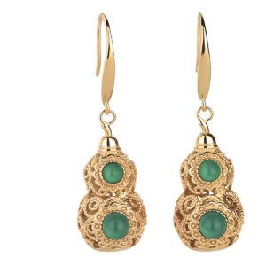 Wholesale [Ancient method plating 24k gold] craft National style earrings hollow gourd chalcedony design retro earrings