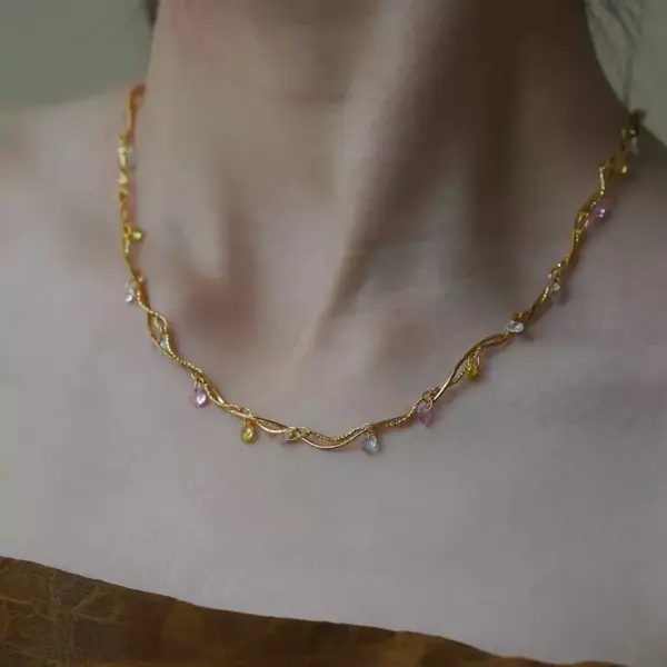 Wholesale French Style Line Wrapped Colorful Zircon Necklace For Women, Collarbone Chain, 304 Stainless Steel Gold-Plated Heart-Shaped Mixed Color Snake Chain